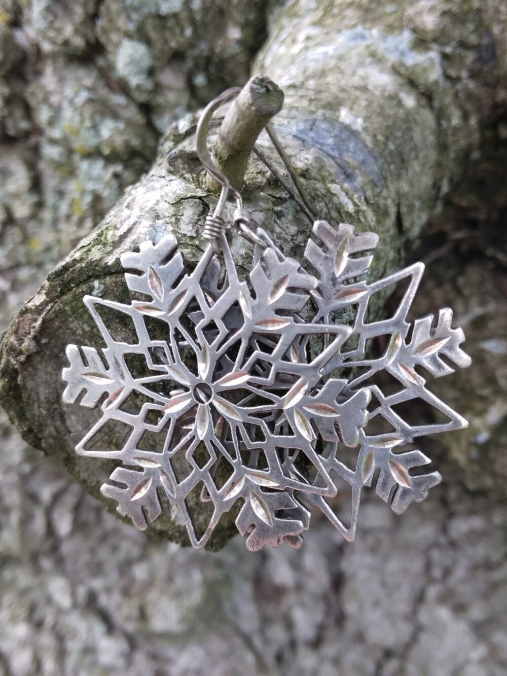 Vintage Sterling Silver Shepherd Hook Snowflake Earrings